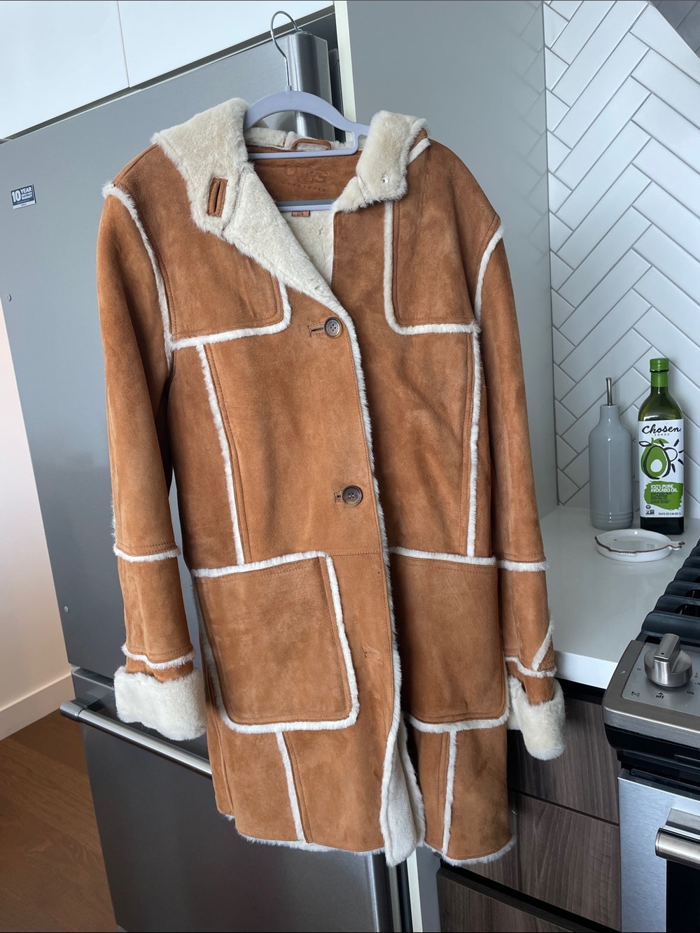 UGG Tan Shearling Teddy Coat with Cream Trim